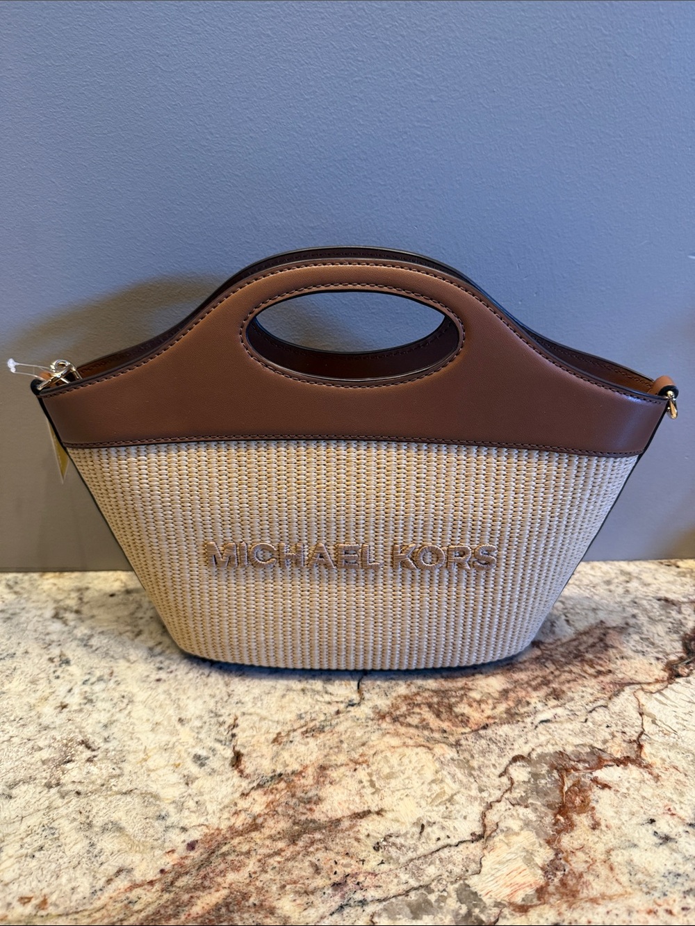 NWT! Michael Kors Tan and Natural Woven Cutout Handle Tote